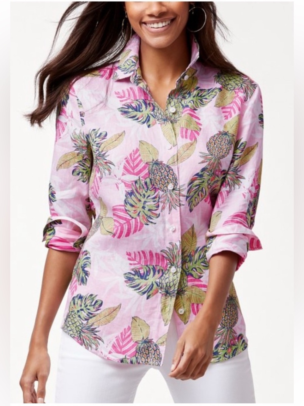 Tommy Bahama 100% Linen Women Pink Tropical Print Button-Up Shirt Size M